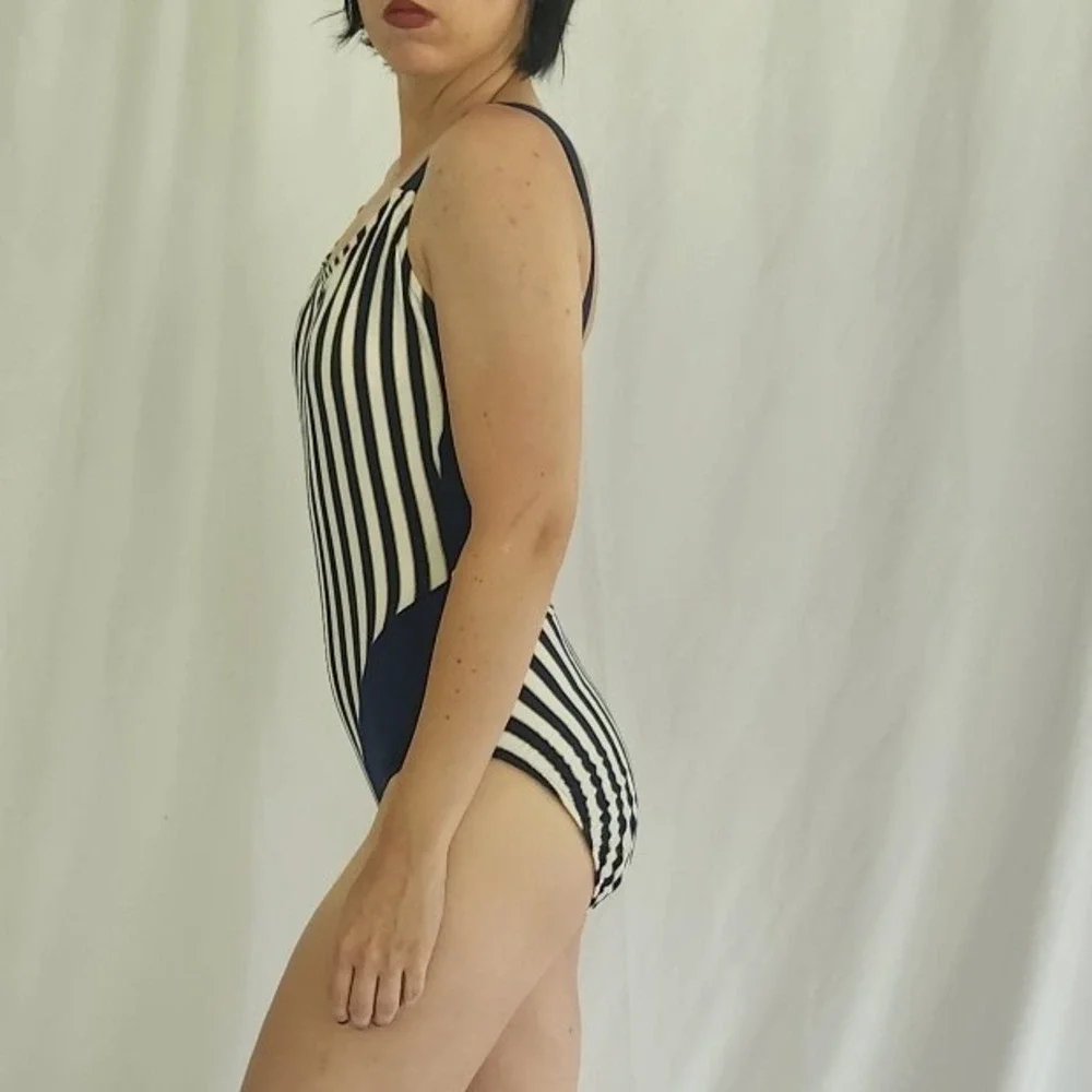 90s Deadstock Jantzen White, Navy, and Gold Striped One Piece Swimsuit